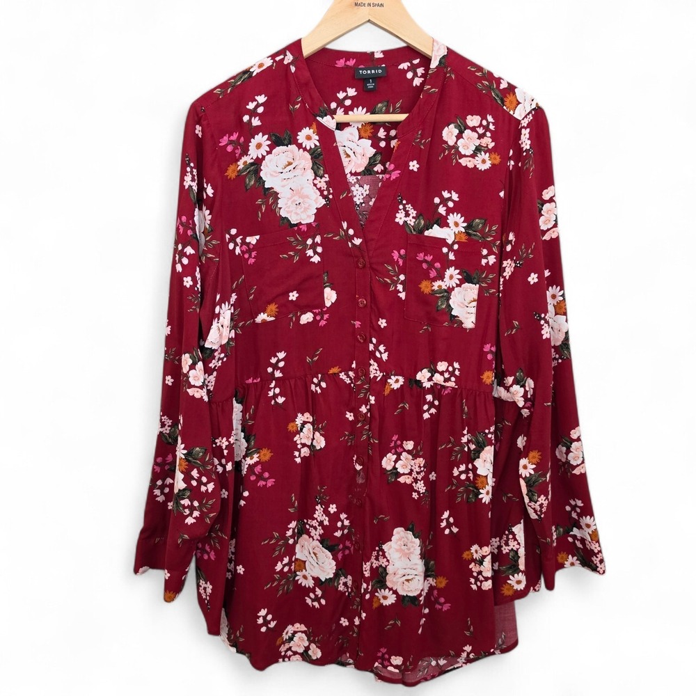 Torrid Top Womens 1 US Plus 1X Burgundy Floral Print Button Up Blouse V Neck